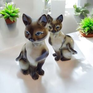 Vintage Pair Ceramic Cat Figurines Japan Siamese Cats Up to No Good
